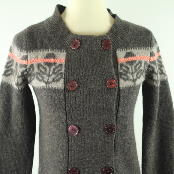 Orla Kiely Lambswool Angora Double Breasted Brown Floral Trim Sweater Cardigan S - Picture 2 of 6